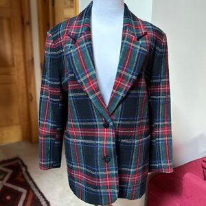 TALBOTS Petite Vintage Blue, Black, Green and Red Glen Plaid Tartan Jacket  -  P